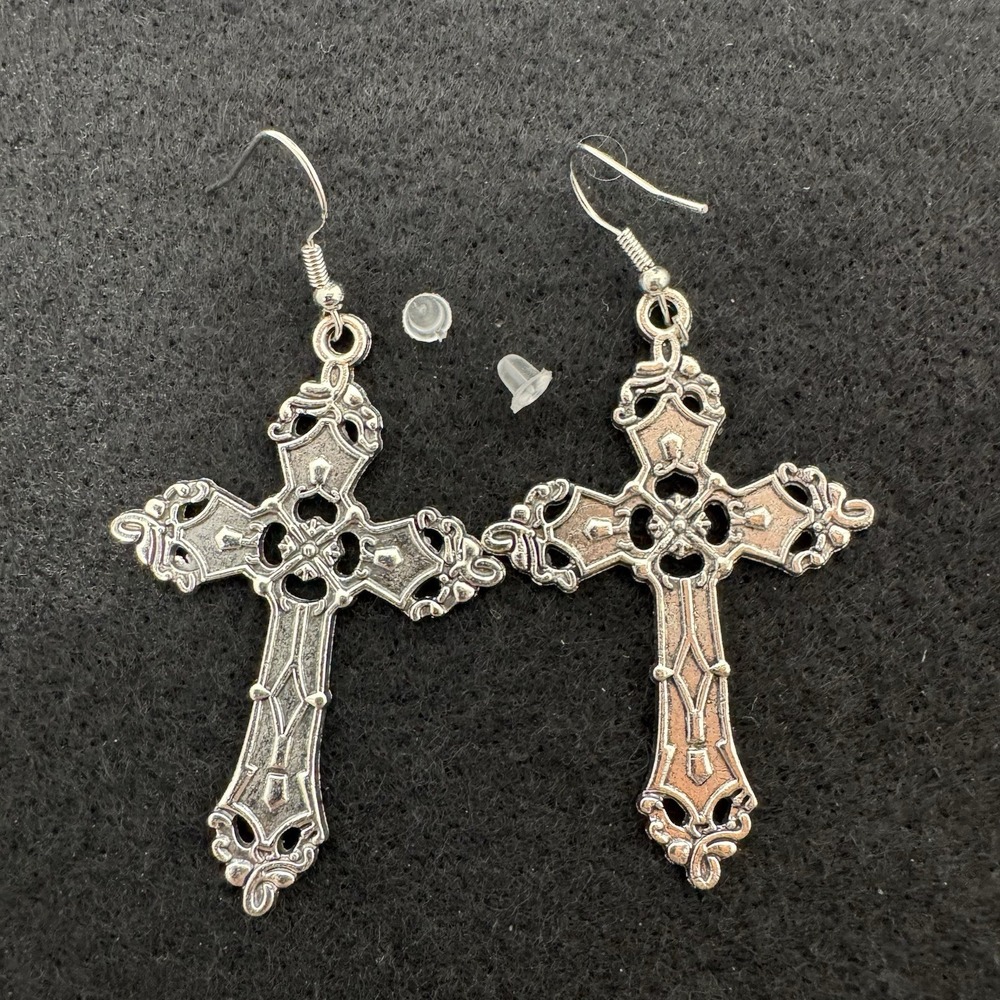 Large Gothic Cross Dangle Earrings Ornate Silver Tone Goth Halloween